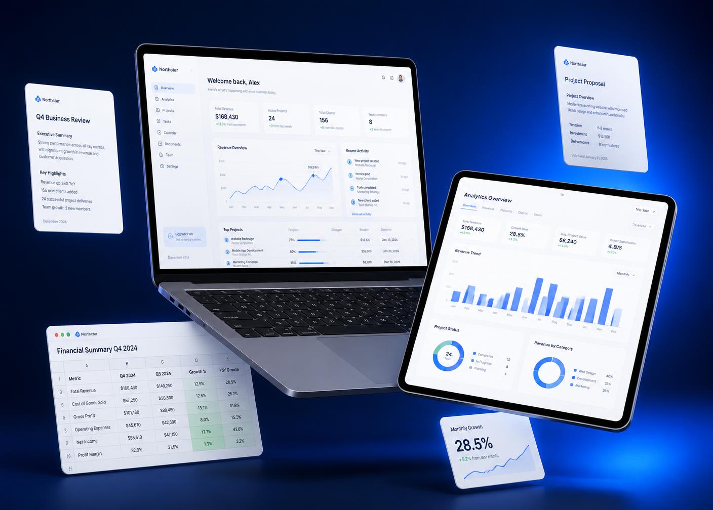 AI Business Toolkit templates shown on a laptop, tablet and floating document cards